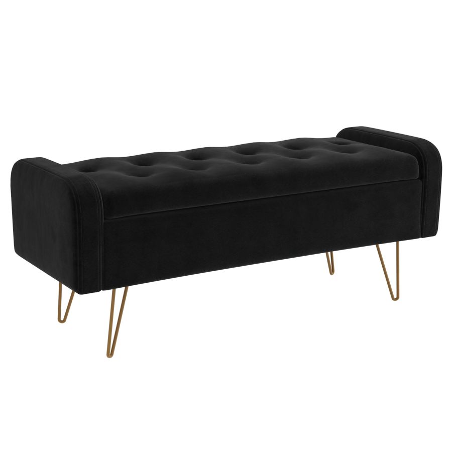 Sabel Storage Ottoman - Bench in Black with Gold Leg Sabel Storage Ottoman - Bench in Black with Gold Leg